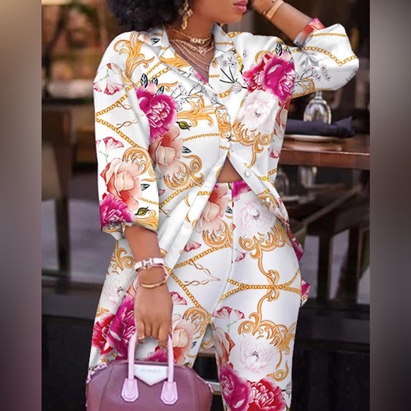 Print Lantern Sleeve Top High Waist Pants Set - Picture 3 of 3